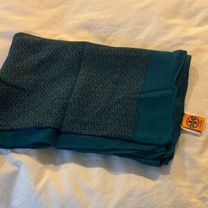 Tory Burch Teal and Navy Logo Scarf